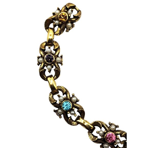Vintage Coro Rhinestone Bracelet Pink Blue Purple Topaz Yellow Imitation Faux Pe - Picture 4 of 9